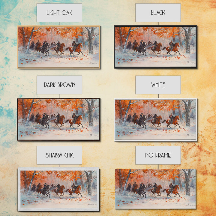 Framed Canvas Print Fall Forest Cowboys in Vibrant Autumn Colors, Perfect Autumn Wall Art, Rustic Home Decor, and Seasonal Cowboy Art