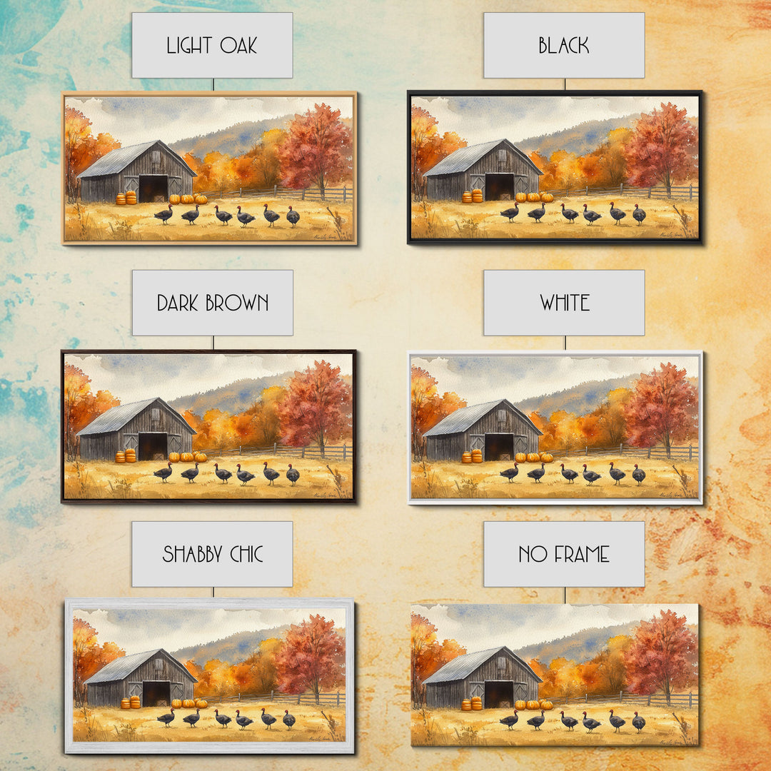 Framed Canvas Print Rustic Barn with Pumpkins and Turkeys, Perfect Autumn Farmhouse Decor, Fall Wall Art, Country Autumn Scene