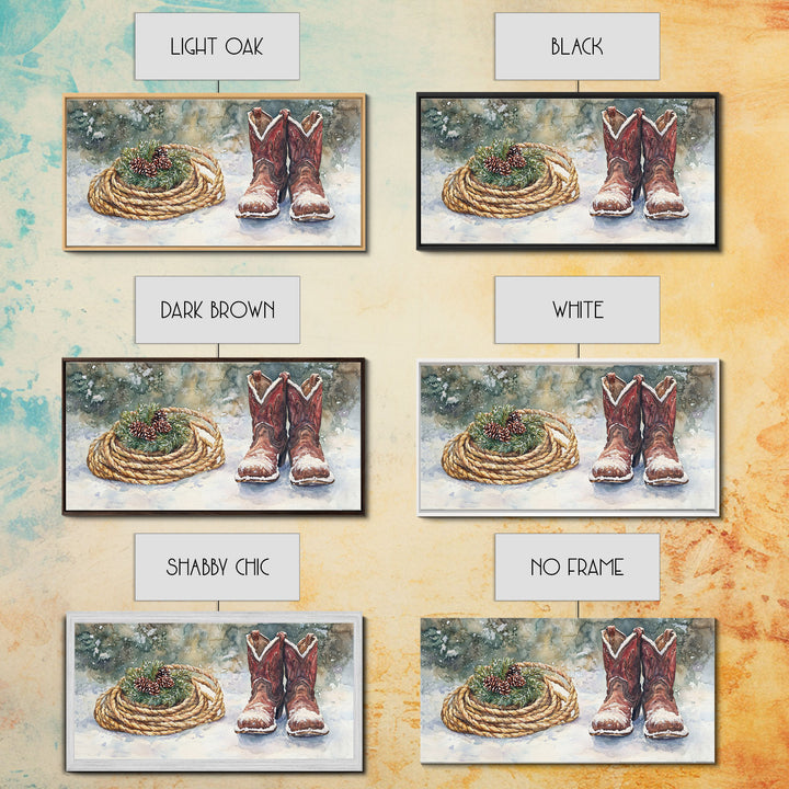 Canvas Print Cowboy Boots with Christmas Wreath and Rope, Rustic Christmas Decor, Winter Western Holiday Art, Farmhouse Wall Print