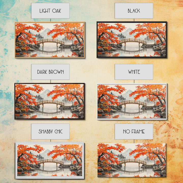 Japanese Bridge in Autumn Framed Canvas Print Fall Landscape Art Nature Wall Decor Seasonal Holiday Art Rustic Country Gift Idea 2024