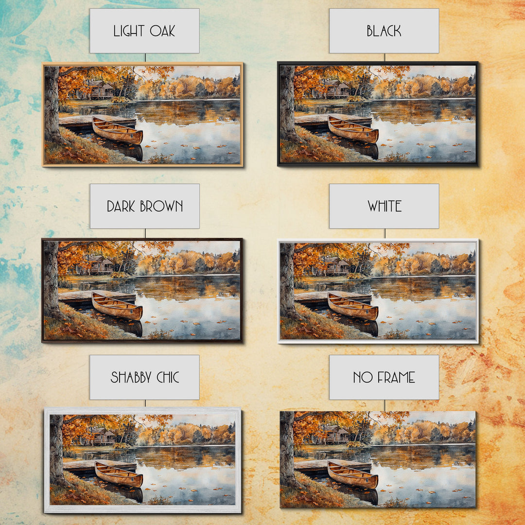 Fall lake house decor Framed Canvas Print serene lakeside cabin canoe rustic autumn wall art seasonal decor gift idea cozy fall home decor