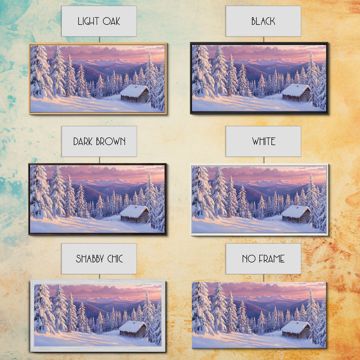 Mountain Cabin At Sunrise Tall Art Framed Canvas Print Winter Snow Covered Trees And Cabin In Mountains With Pastel Sky