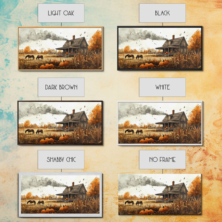 Horses grazing in autumn landscape, fall farmhouse decor, rustic wall art, decor, vintage fall wall print, framed canvas print