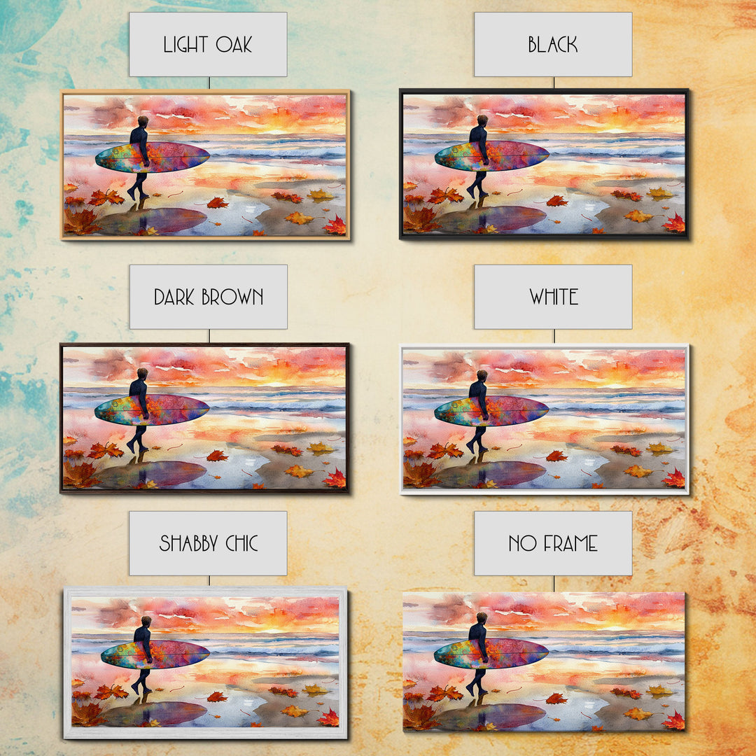Autumn Surfing Sunset Canvas Print | Fall Surf Art Gift | Seasonal Wall Art Decor | Gift Idea | Beach Decor Fall Theme | Framed Canvas Print