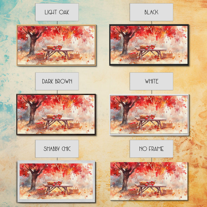 Fall Harvest Picnic Scene, Farmhouse Fall Decor, Framed Canvas Print, Seasonal Wall Art, Country Home Decor, Watercolor Artwork Gift Idea