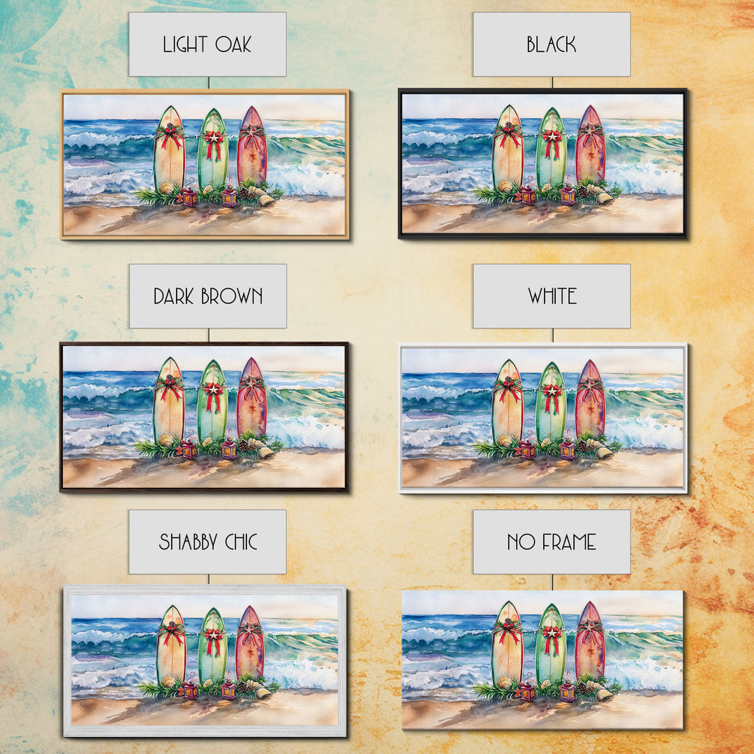 Beach Christmas Decor with Surfboards, Tropical Christmas Art, Framed Canvas Print, Watercolor Wall Art, Coastal Holiday Decor Art Gift Idea