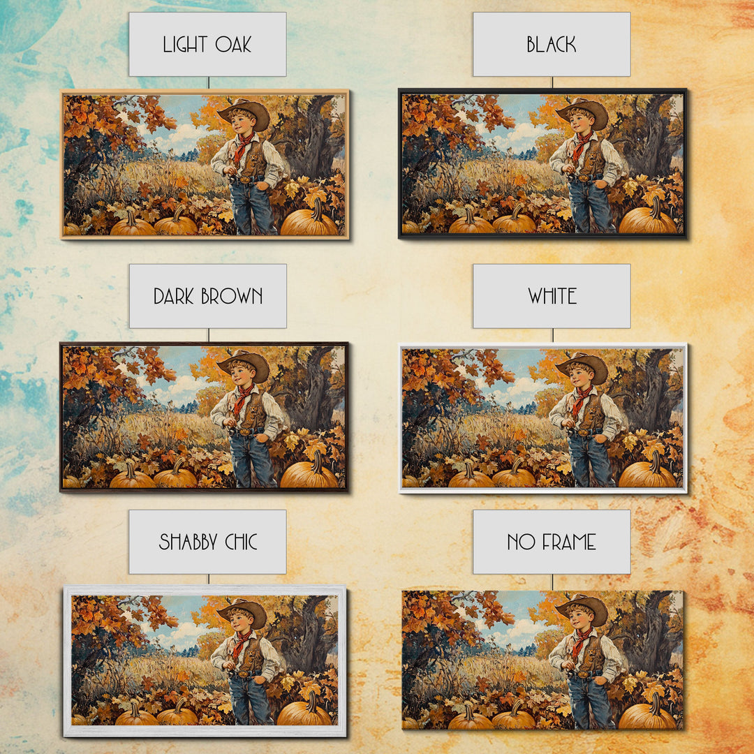 Vintage Fall Cowboy Framed Canvas Print, Retro Autumn Wall Art, Farmhouse Pumpkin Patch, Gift Idea, Harvest Home Decor, Rustic Art Piece