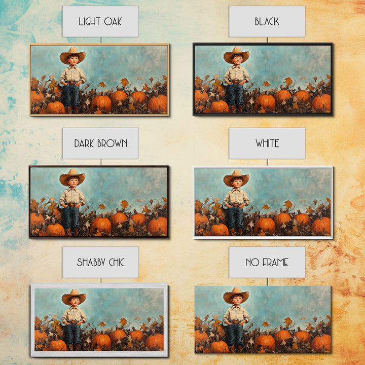 Cowboy Boy with Pumpkins Framed Canvas Print, Fall Wall Art, Rustic Farmhouse Decor, Vintage Harvest Print, Gift Idea, Holiday Home Decor