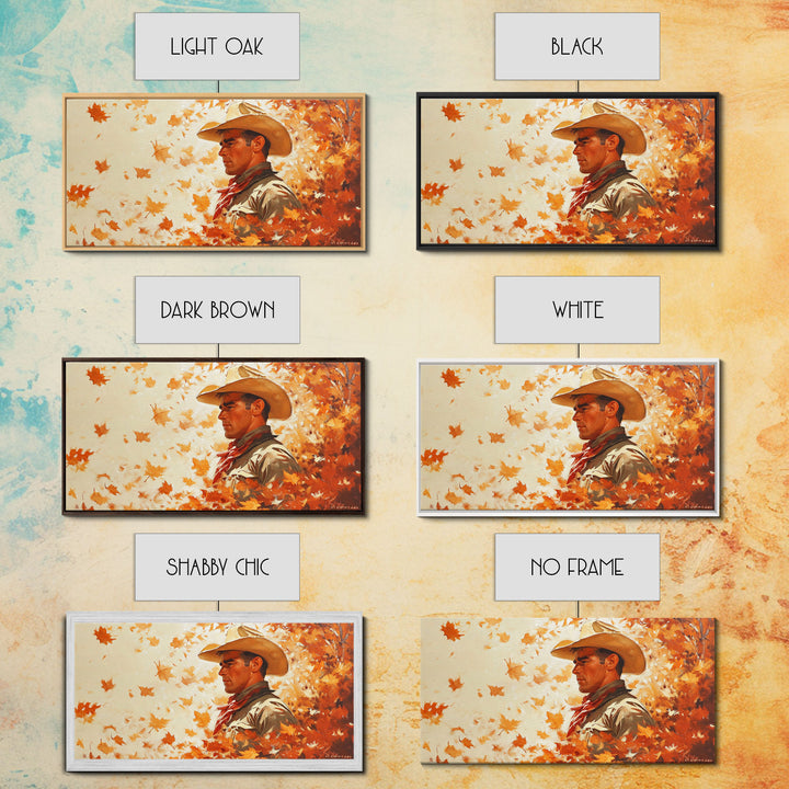 Cowboy and Fall Leaves, Framed Canvas Print Seasonal Wall Art Christmas Cowboy Gift Winter Landscape Wall Decor