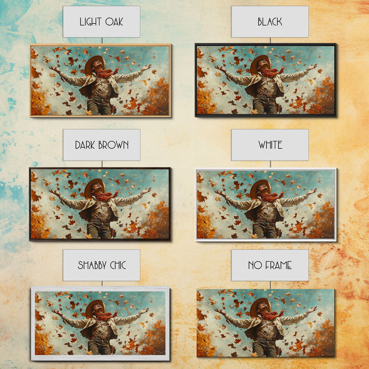 Cowboy Throwing Leaves In The Air, Funny Western Decor, Framed Canvas Print, Mood Lifting Wall Art, Fall Decor