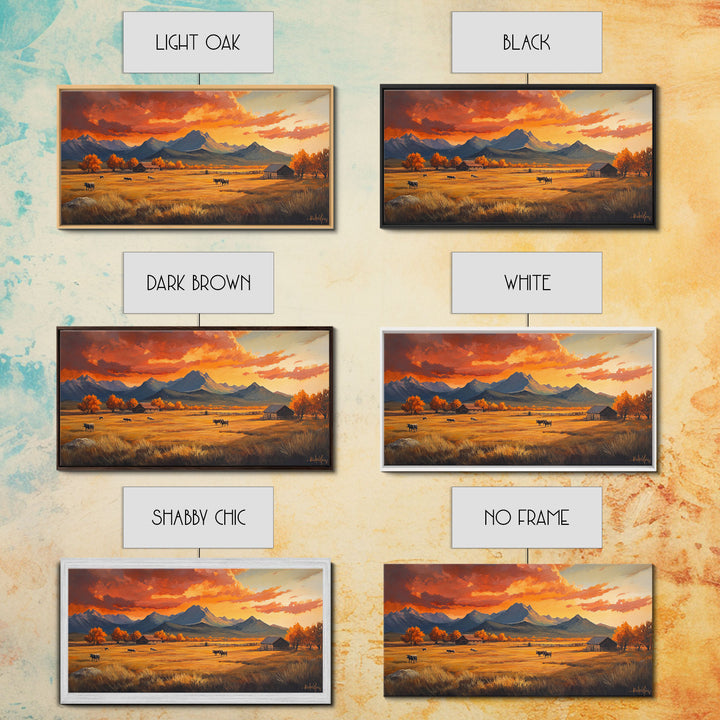 Fall Sunset Framed Canvas Print Scenic Ranch Landscape Art Autumn Wall Decor Ideal Holiday Home Decor and Gift for Farmhouse Style