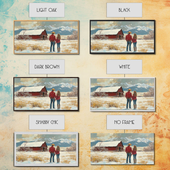 Our First House, Framed Canvas Print, Winter Landscape and Red Barn Painting, Rustic Farmhouse Decor, Outdoor Decor Christmas, Vintage Art