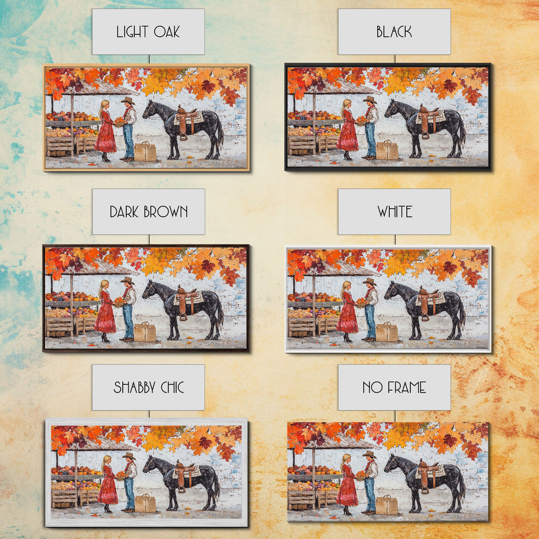 Cute Cowboy & Cowgirl Meet At The Market, Autumn Landscape Fall Colors Horse Rider Wall Art Rustic Fall Wall Decor, Framed Canvas Print