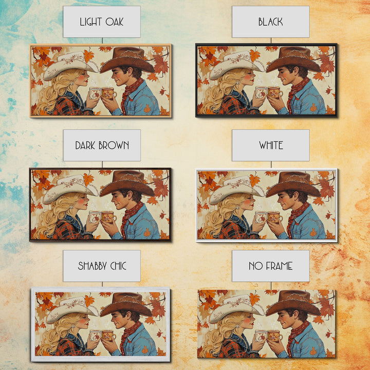 Cowgirl & Cowboy Enjoy Some Hot Chocolate, Art For Couples, Framed Canvas Print, Rustic Farmhouse Home Decor, Wall Art Rustic Decor