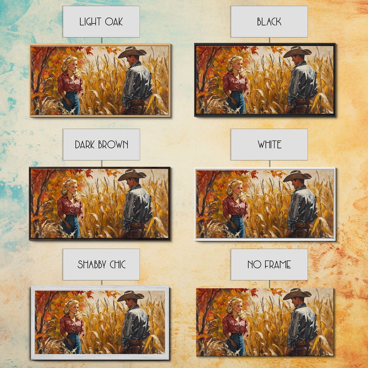 Cowboy & Cowgirl In Love, Framed Canvas Print, Vintage Holiday Winter Wall Art Western Christmas Decor