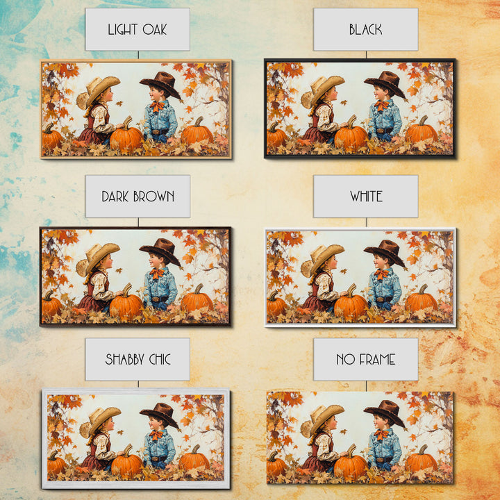 Cute Cowboy and Cowgirl In a Pumpkin Patch, Framed Canvas Print, 1950s Style Wall Art, Nursery Decor