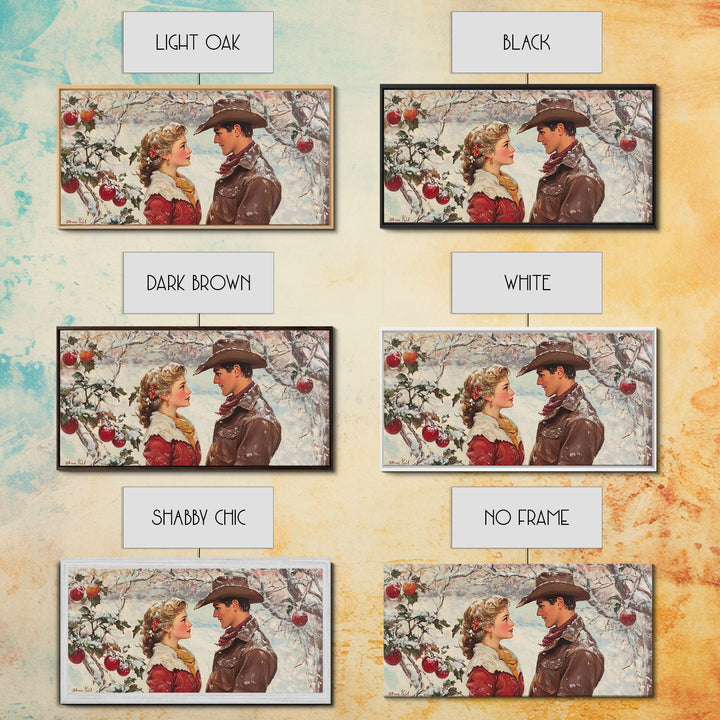 Cowboy and Cowgirl meet under the mistletoe, framed canvas print, cute winter wall art, Christmas home decor, seasonal rustic decor