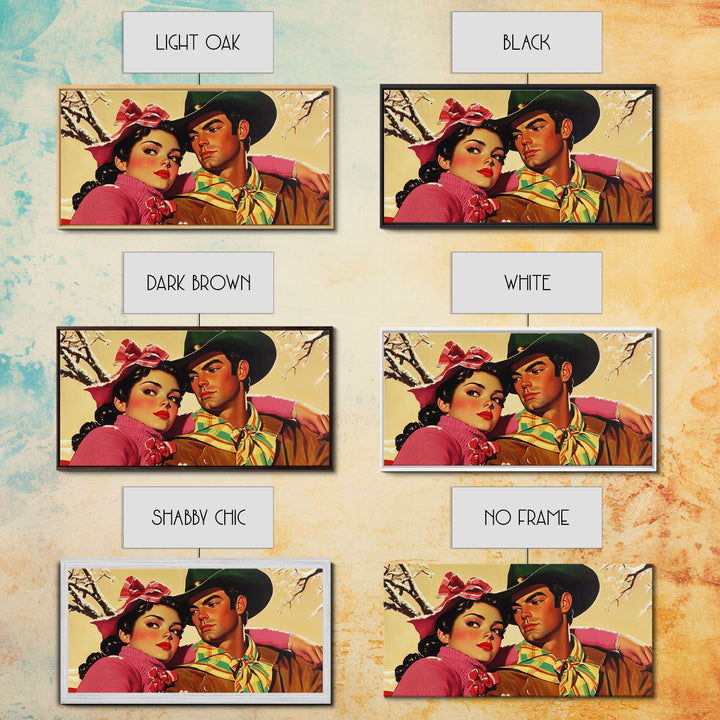 Retro 50s Style Cowboy and Cowgirl In Love, Gift For Couples, Framed Canvas Print, vintage wall art, rustic decor, classic western print