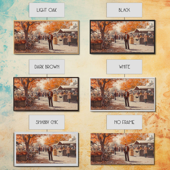 Cowboy in green jacket, snow-capped mountains trees, Framed Canvas Print, tall western Christmas wall art, winter decor, colorful landscape