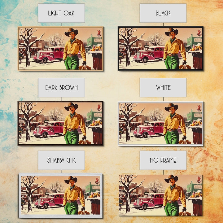Retro 1950's Style Cowboy, Framed Canvas Print, Pastel Colors, Vintage Inspired Home Decor For Christmas