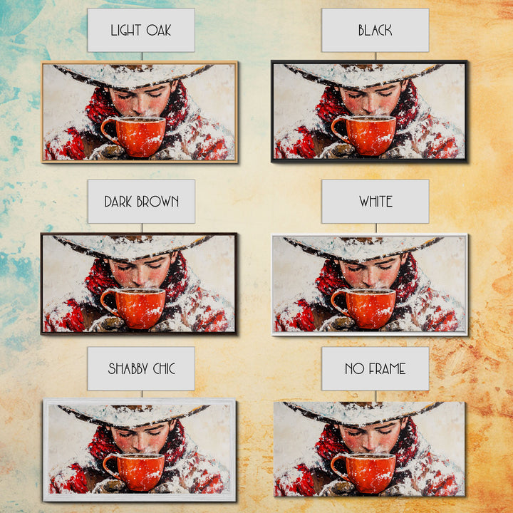 Cowboy in forest with burning fire, deep autumn hues, Framed Canvas Print, moody landscape, fall western art, rustic wall piece, wall decor