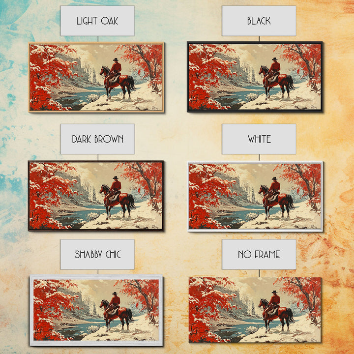 Cowboy resting by campfire under aspen trees with mountains in background, Framed Canvas Print, rustic wall art, warm western decor piece