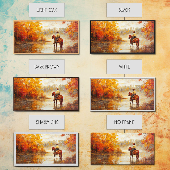 Cowboy sitting by campfire near a lake in the woods with autumn leaves, Framed Canvas Print, moody fall wall art, rustic western home decor