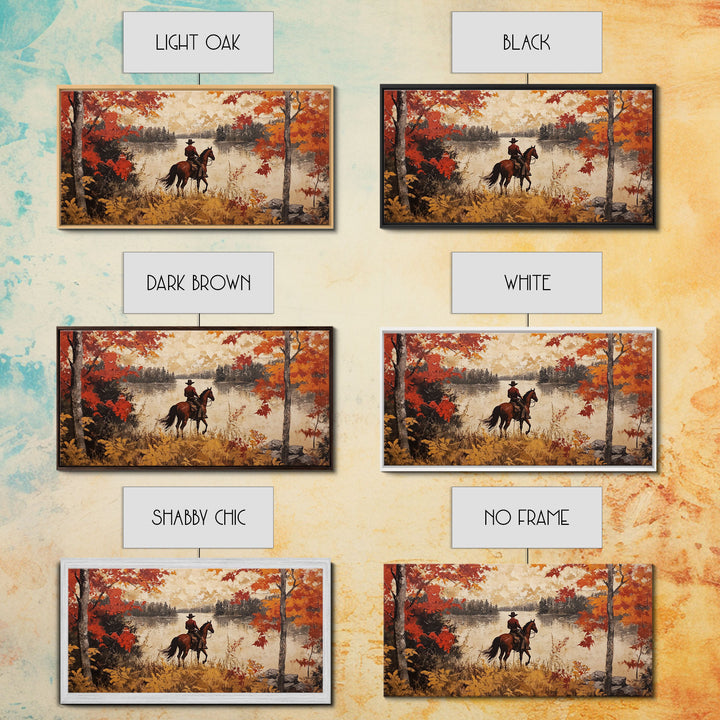 Cowboy on mountainside with red autumn leaves rugged cliffs, Framed Canvas Print, fall landscape wall art, western decor with warm colors