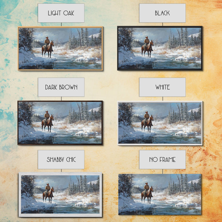 Cowboy riding horse through vibrant autumn forest, Framed Canvas Print, tall fall wall art, rustic western decor, moody landscape