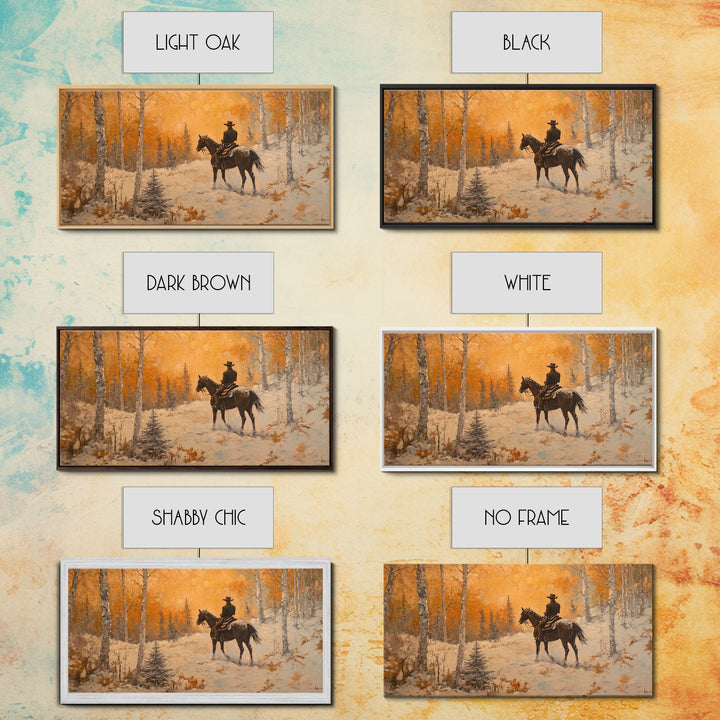 Cowboy riding horse through deep snow in a winter storm, Framed Canvas Print, dynamic winter wall art, rustic western home decor