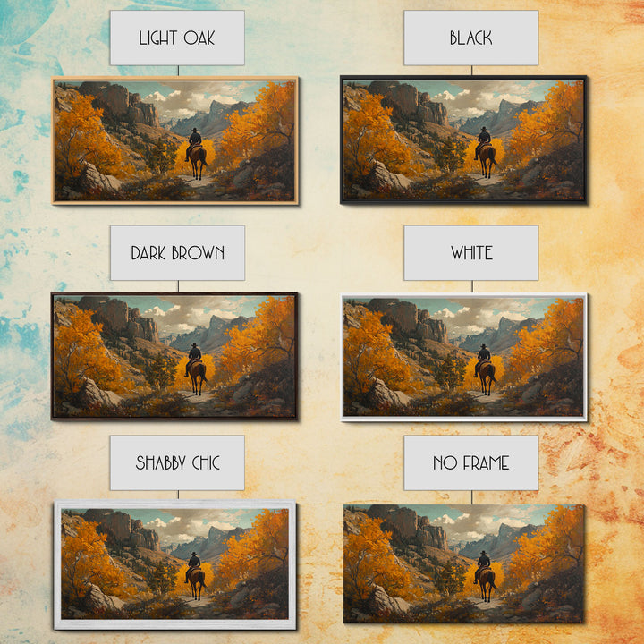 Western cowgirl portrait with falling autumn leaves, Framed Canvas Print, addition to your fall farmhouse wall decor rustic gallery wall