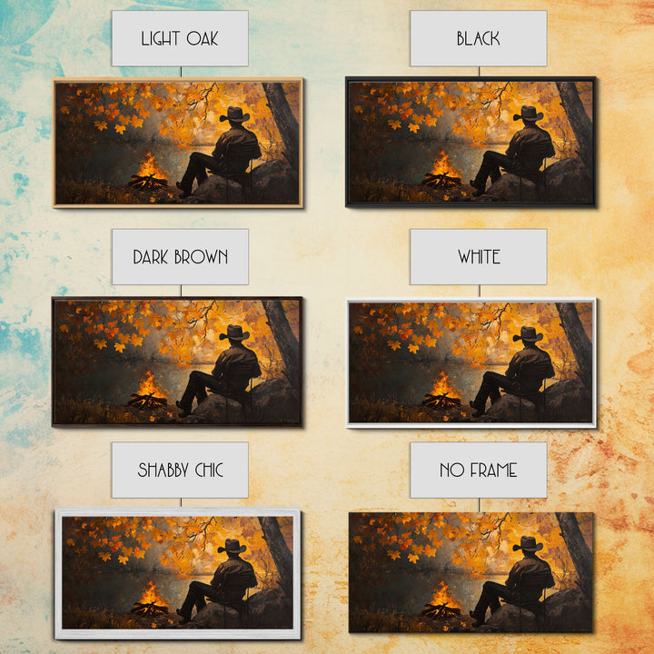 Cozy autumnal Framed Canvas Print featuring a woman with a mug, surrounded by vibrant fall leaves, perfect seasonal wall art for cozy spaces