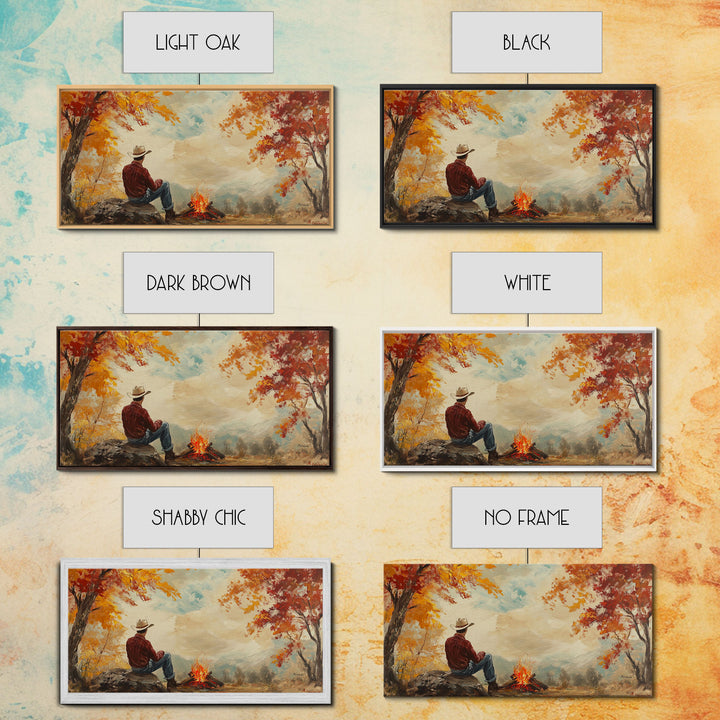 Cheerful Framed Canvas Print of a woman in a cowboy hat enjoying a coffee by fall colors, perfect vintage autumn wall art decor