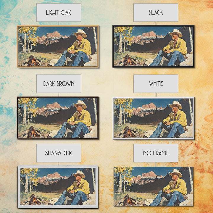 Bold monochromatic Framed Canvas Print showcasing a woman in a cowboy hat with horses in a snowy mountain landscape, rustic winter wall art