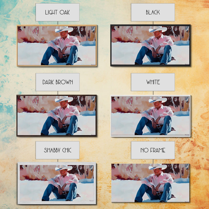 Fall harvest Framed Canvas Print featuring a cowgirl sitting among pumpkins in a rustic setting, farmhouse autumn decor and wall art