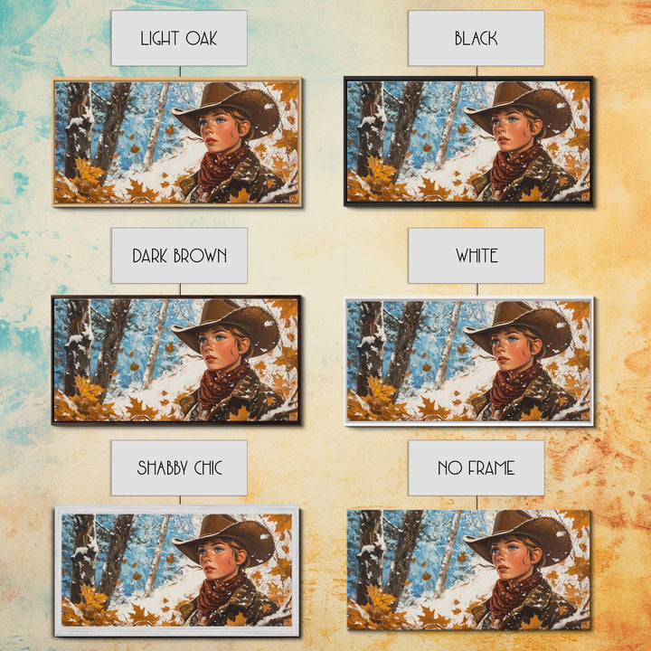 Western-inspired Framed Canvas Print of a woman on horseback in a snowy mountain landscape, holiday wall art and winter wonderland vibes