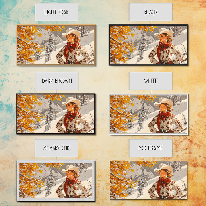 Charming Framed Canvas Print of a Cowgirl in Autumn Leaves, Perfect Fall Wall Decor and Gift Idea for Fans of Western Art Rustic Home Decor