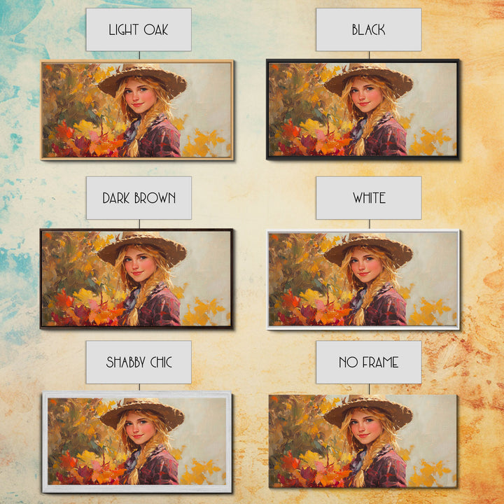 Cowgirl Amongst The Fall Leaves, Framed Canvas Print, Serene Fall Wall Decor, Perfect Rustic Seasonal Wall Art and Gift Idea