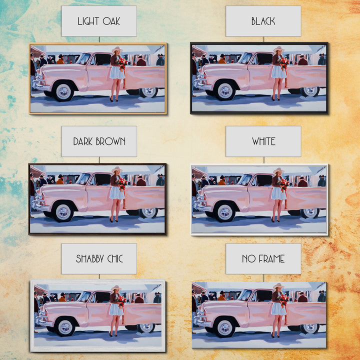 Cute Cowgirl and Her Pink Truck, Framed Canvas Print, Retro Pink Fall Decor, Wall Art Fall Home Decor, Ideal Gift Idea Rustic Seasonal Decor