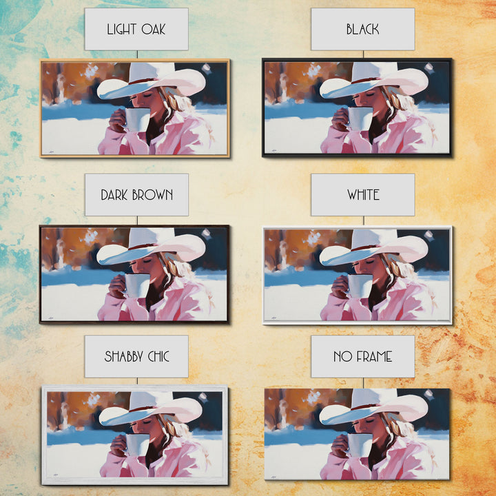 Cowgirl Enjoying A Cup of Coffee, Framed Canvas Print, Winter Wall Art, Pink Decor, Gift For Her, Seasonal Winter Home Decor