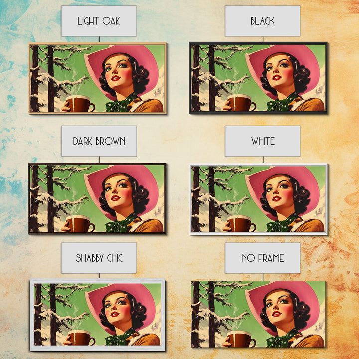 Retro Cowgirl Having A Cup Of Coffee, Framed Canvas Print, 1950s Style Wall Art, Vintage Art, Winter Decor, Watercolor Christmas Art