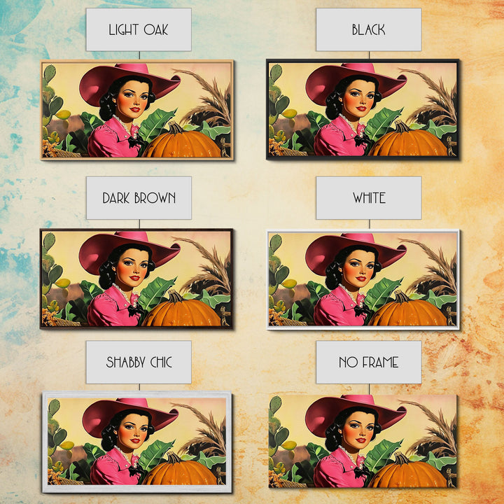 Retro Cowgirl In A Pumpkin Patch, Framed Canvas Print, Fall and Autumn Rustic Decor, perfect autumn or Christmas decor wall art