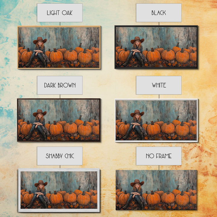 Cute Cowgirl In A Pumpkin Patch, Framed Canvas Print, Fall / Thanksgiving Decor, minimalist seasonal art for autumn or Christmas decor