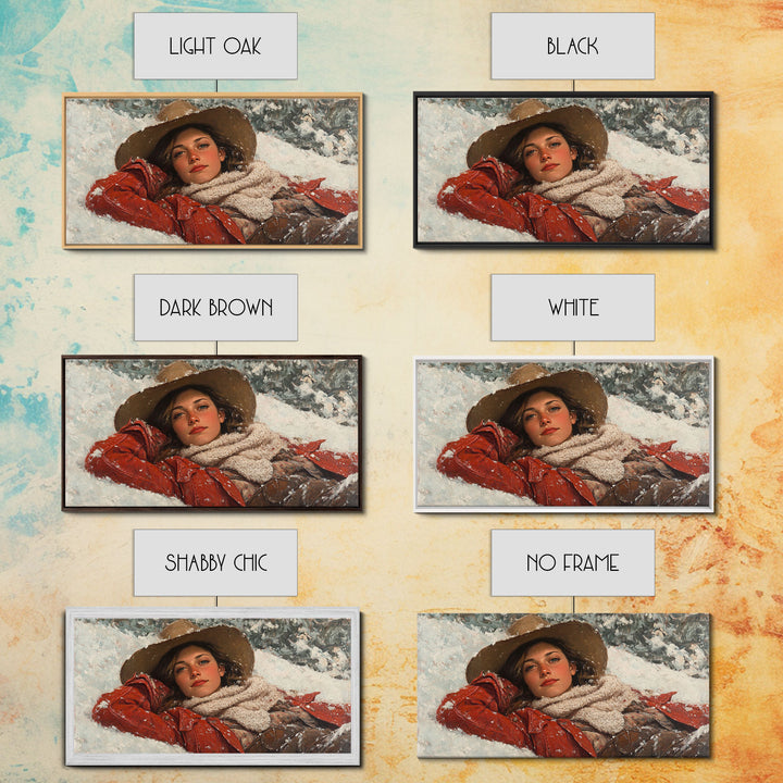 Cowgirl Laying In The Snow Framed Canvas Print, Cute Rustic Decor, Cowgirl Portrait Painting, Winter Wall Art