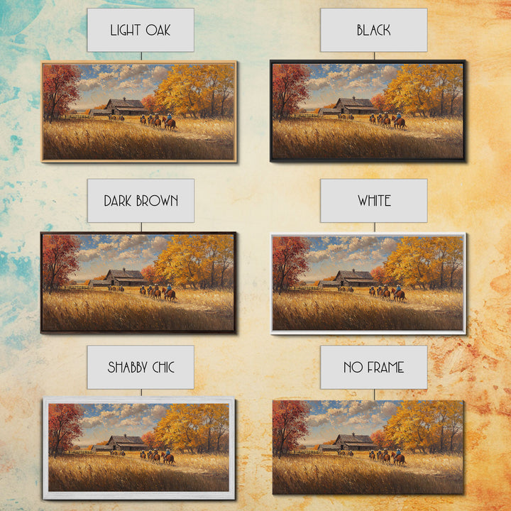 Horseback Riders In Autumn Near Barn, Rustic Fall Wall Art, Cozy Farmhouse Decor Framed Canvas Print, Harvest Time Country Art