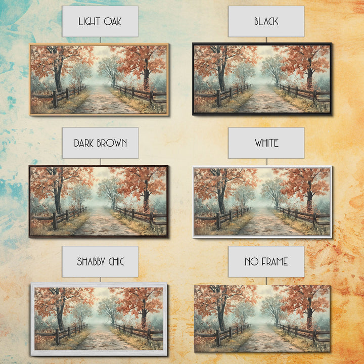 Autumn Path Framed Canvas Print, Rustic Fence and Trees Wall Art, Farmhouse Fall Home Decor, Vintage Style Wall Art, Seasonal Gift Idea