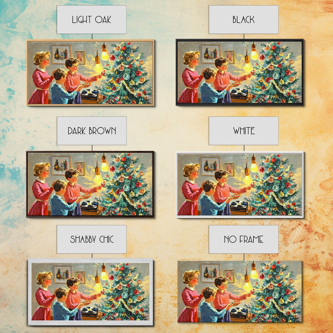 Family Christmas Decorating Framed Canvas Print, Retro Holiday Scene Art, Vintage Christmas Home Decor, Christmas Art Prints, Wall Art