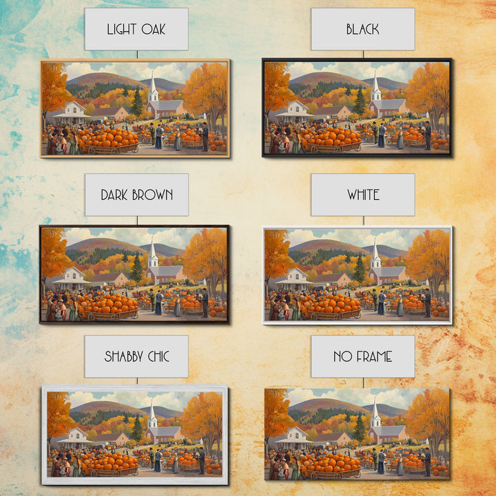 Autumn church harvest scene with pumpkins, farmhouse fall decor, canvas print, vintage fall wall art, seasonal decor