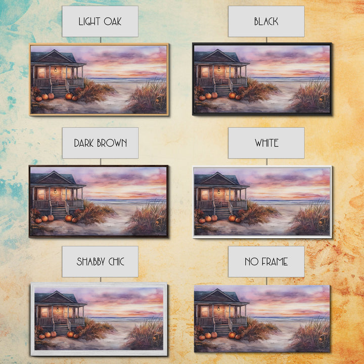 Rustic Beach Cottage Fall Scene Framed Canvas Print, Coastal Autumn Sunset Wall Art Ideal Autumn Gift, Seasonal Beach Decor
