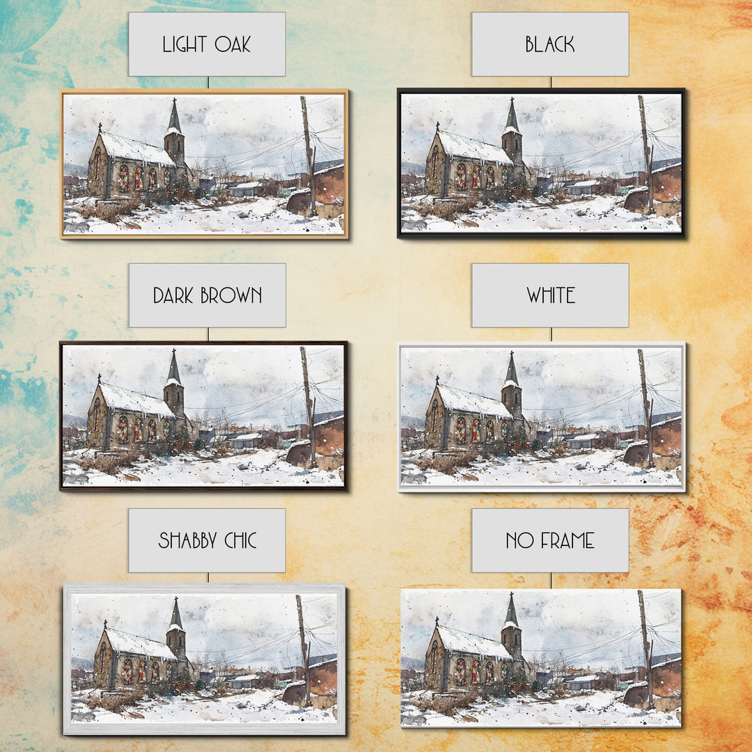 Snowy church scene framed canvas print, stained glass church in winter with snow-covered rooftops, perfect Christmas or holiday art display